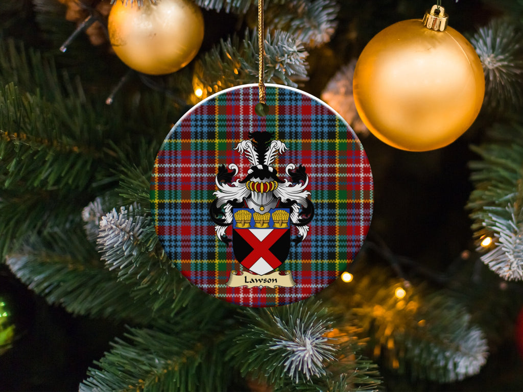 Lawson family emblem ceramic Christmas ornament with Caledonia tartan background in festive holiday décor