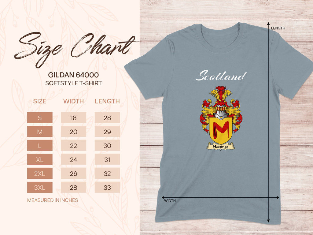 Gildan 64000 size chart for Hastings Scottish family shield T-shirt