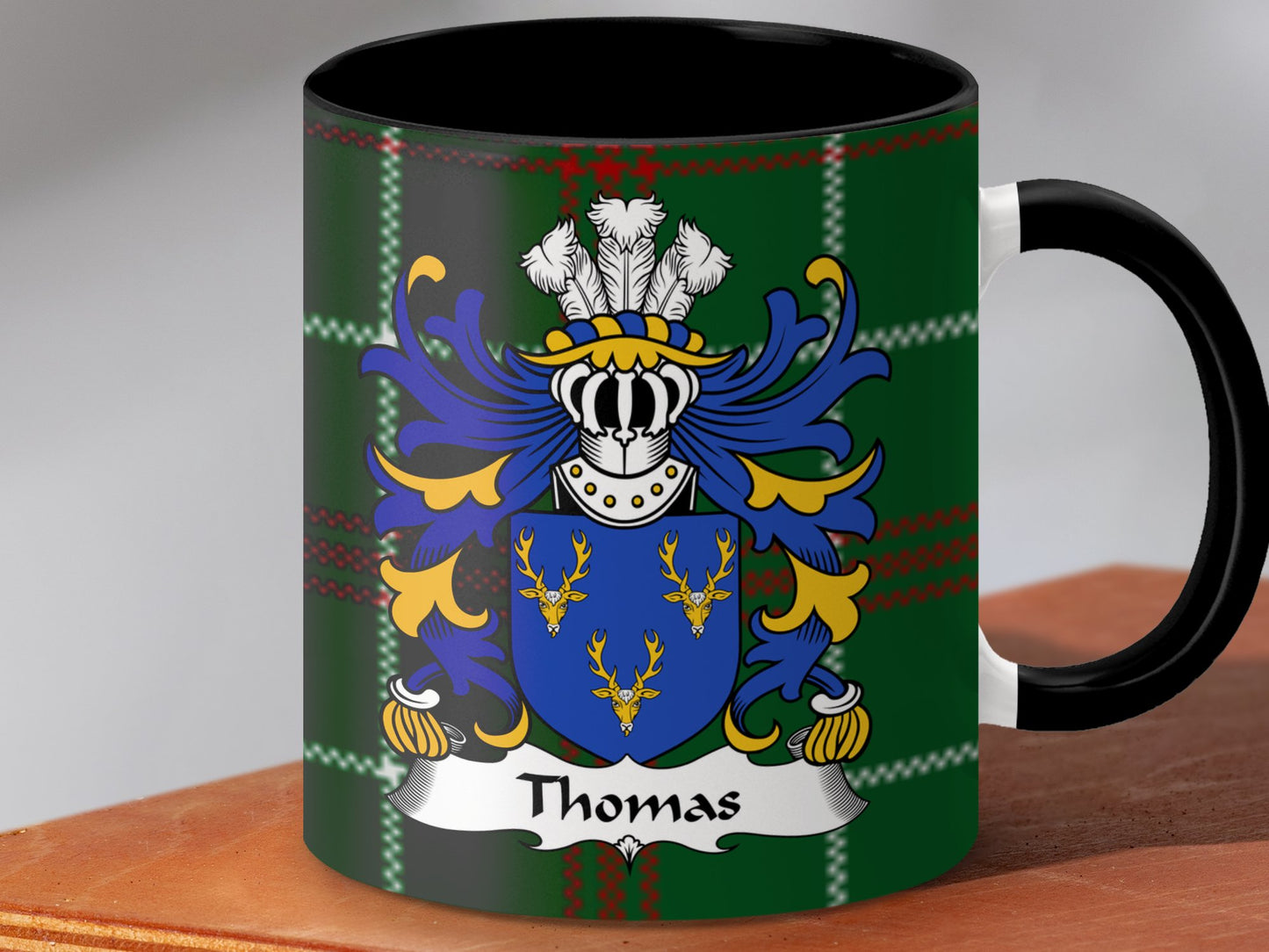 Thomas Coat of Arms on Welsh National Tartan Mug - Living Stone Gifts