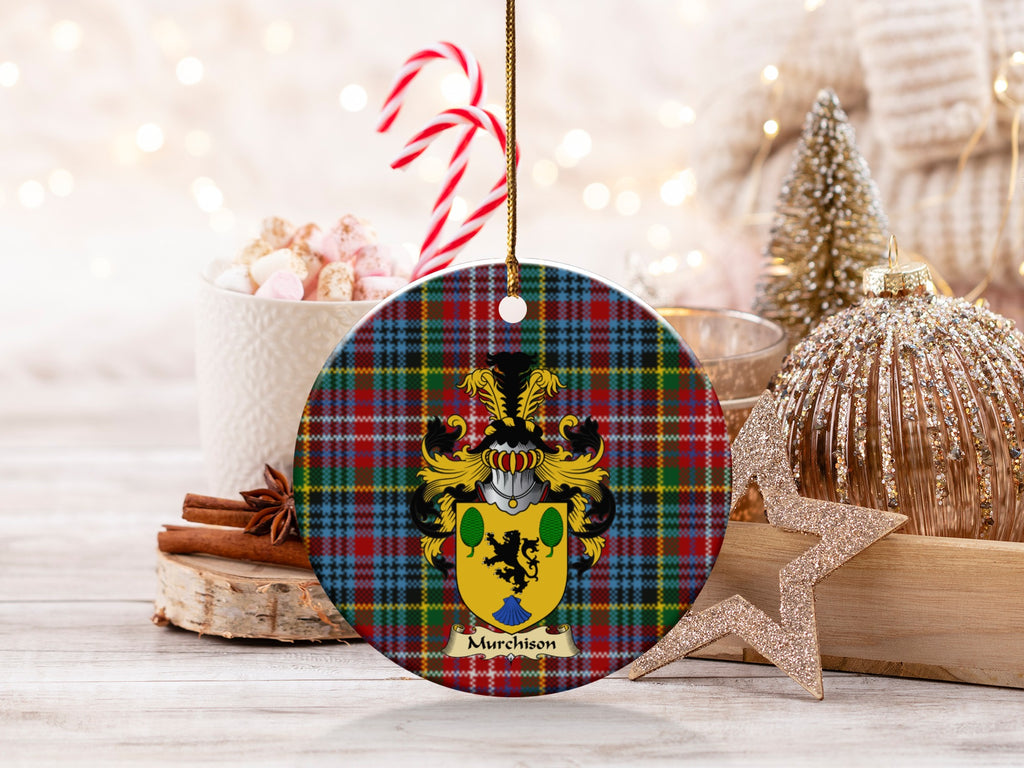 Double-sided Murchison ceramic ornament with family shield and Caledonia tartan background