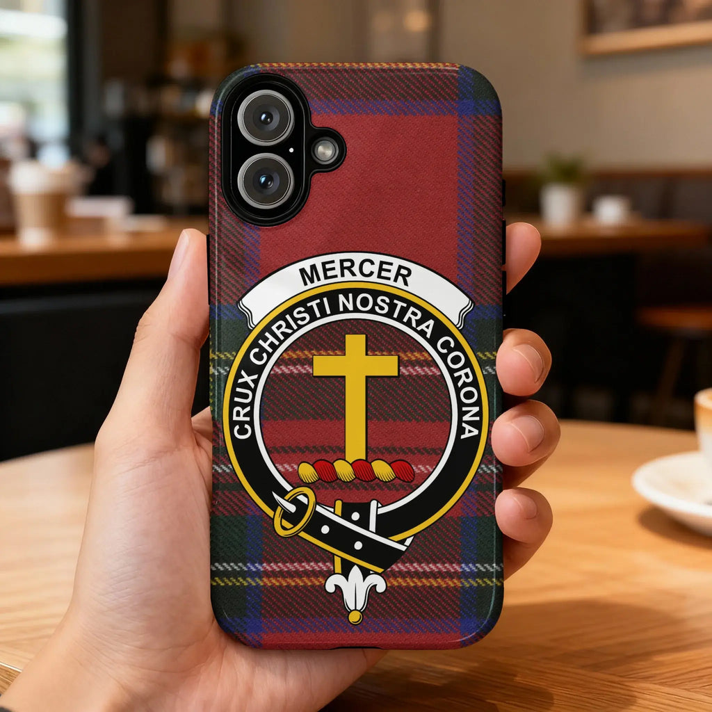 Mercer tartan phone case on Samsung Galaxy — full-colour crest wrap, impact-resistant glossy build
