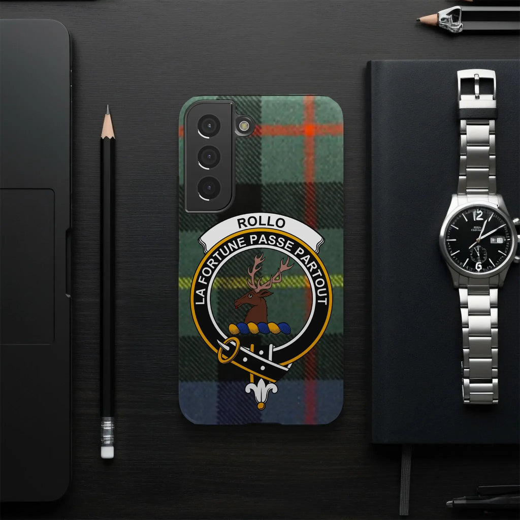 Rollo La Fortune Passe Partout tartan phone case — edge-to-edge print, slim glossy build on iPhone