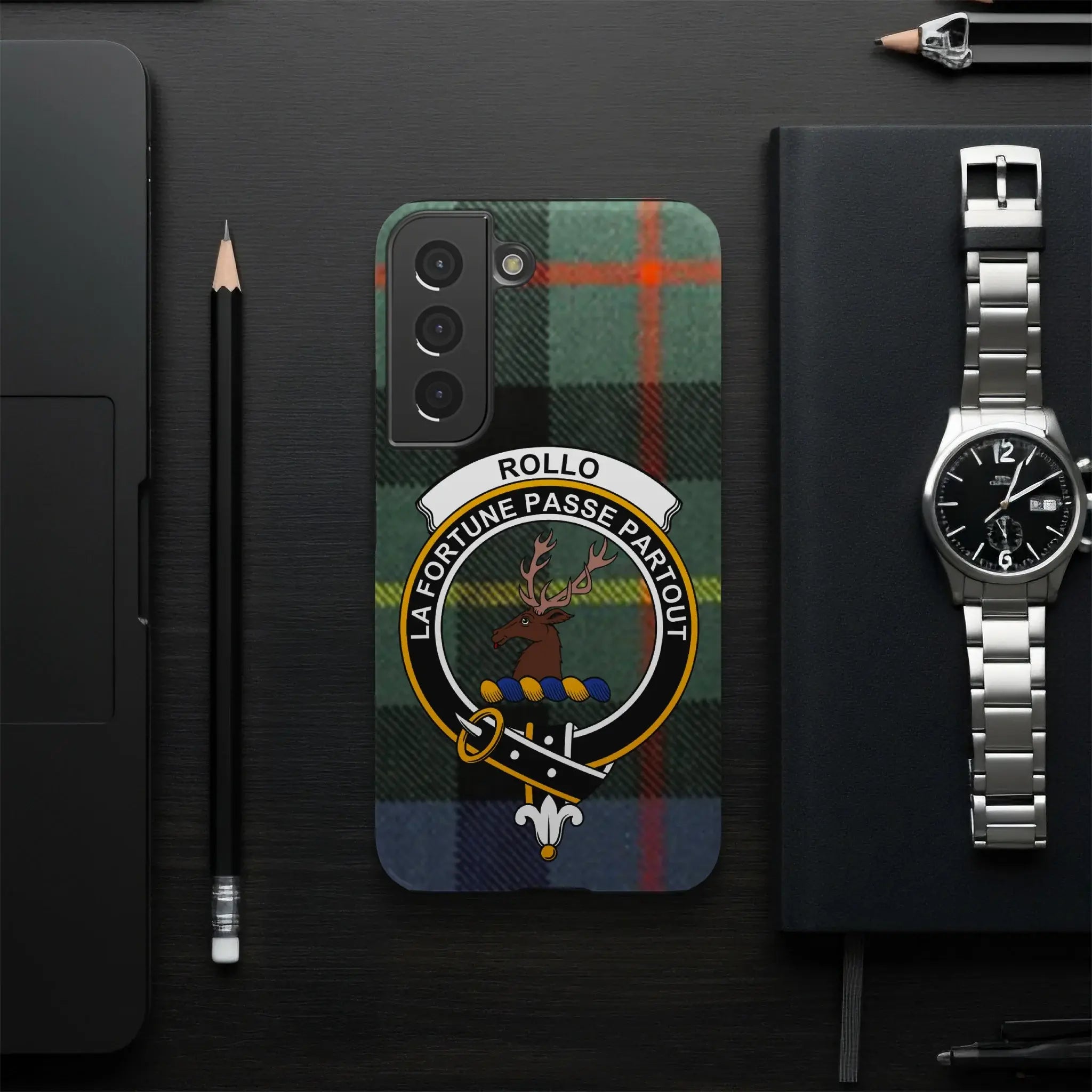 Rollo La Fortune Passe Partout tartan phone case — edge-to-edge print, slim glossy build on iPhone