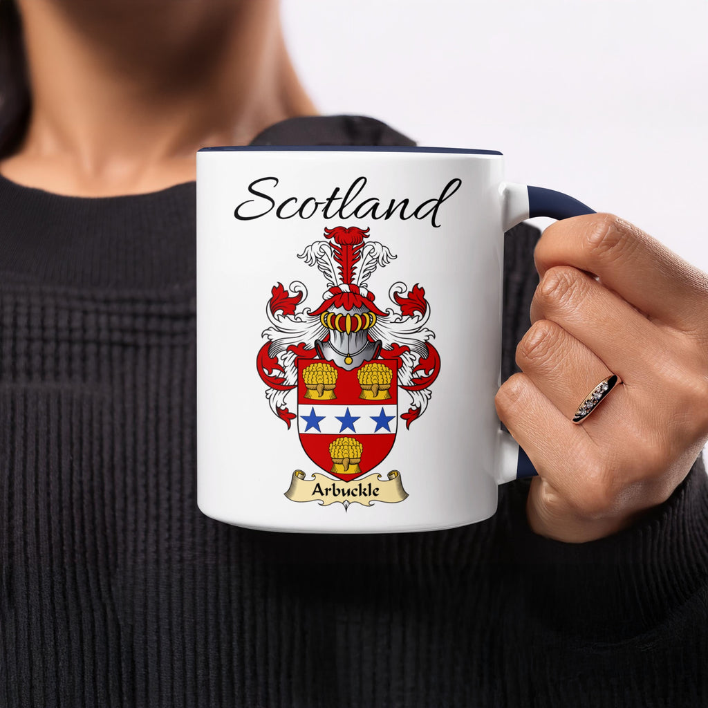 Red-accent Arbuckle Scottish family crest mugs with Scotland above the heraldic shield