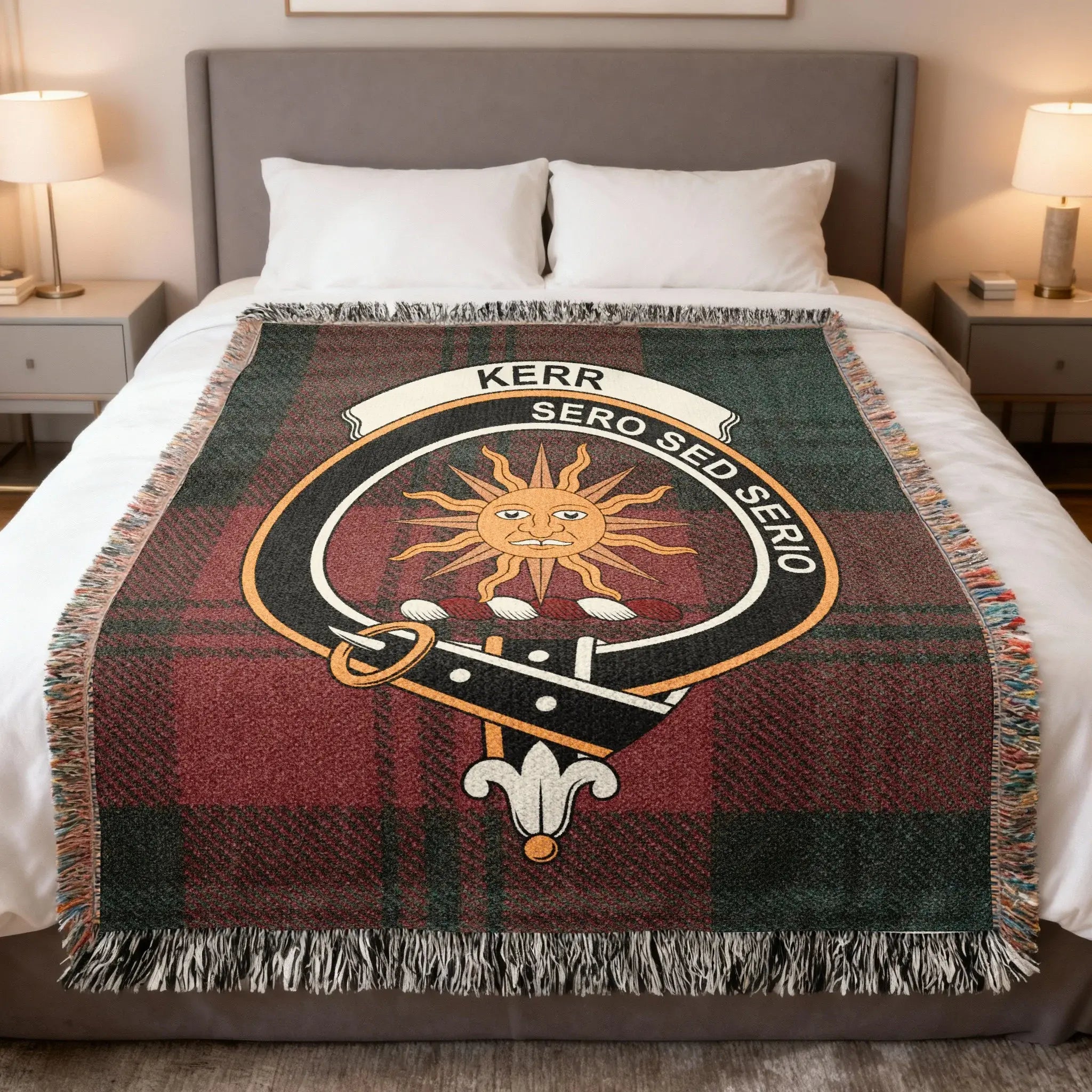 Kerr clan tartan woven blanket — 100% cotton with Sero Sed Serio sun clan crest design