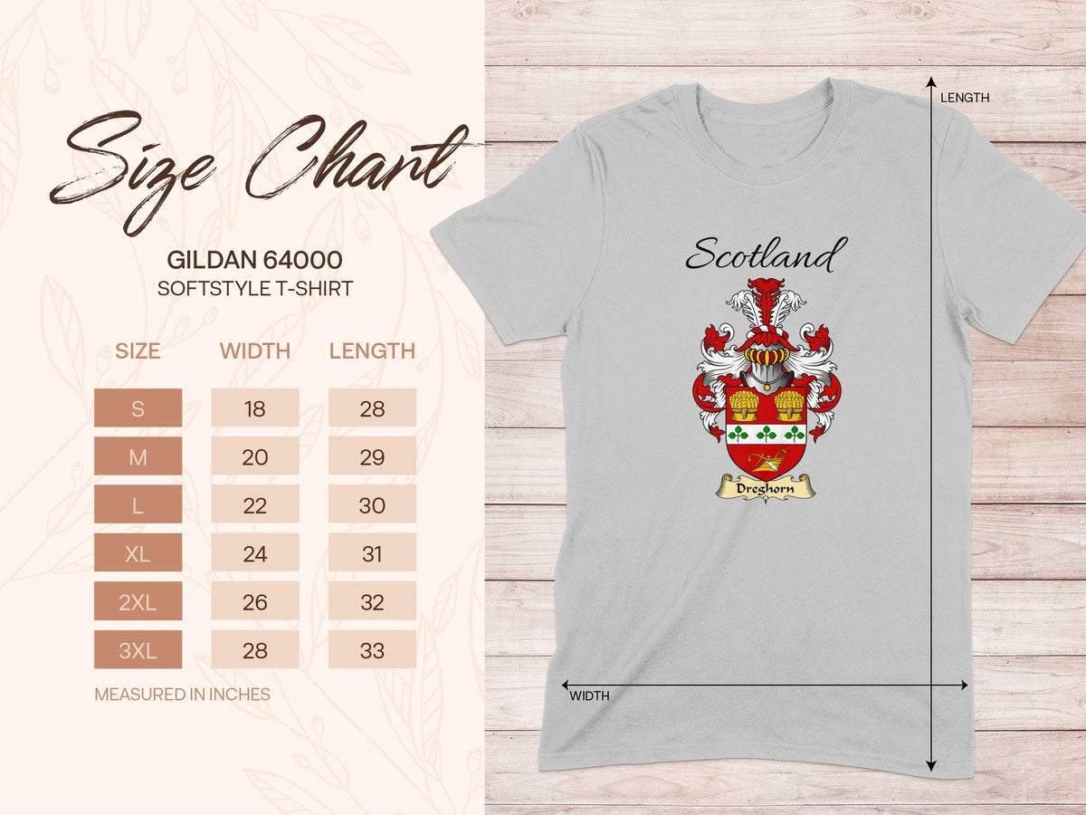 Gildan 64000 size chart for the Dreghorn unisex T-shirt, sizes S to 3XL