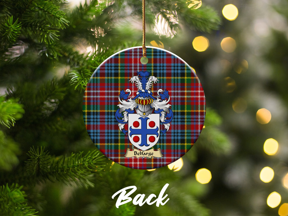 Double-sided Belfarge ceramic ornament with family shield and Caledonia tartan background