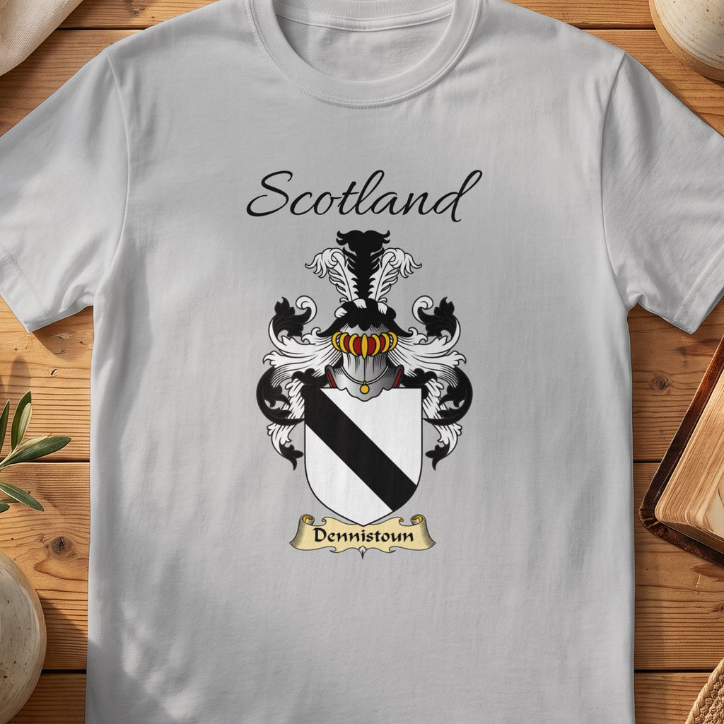 Sport Grey Dennistoun Scottish family shield T-shirt featuring a bold black diagonal band on white