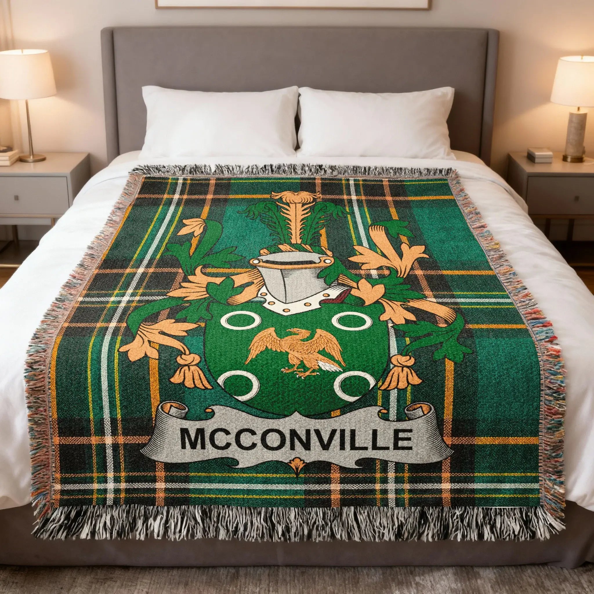 Green plaid throw blanket with McCONVILLE coat of arms.
