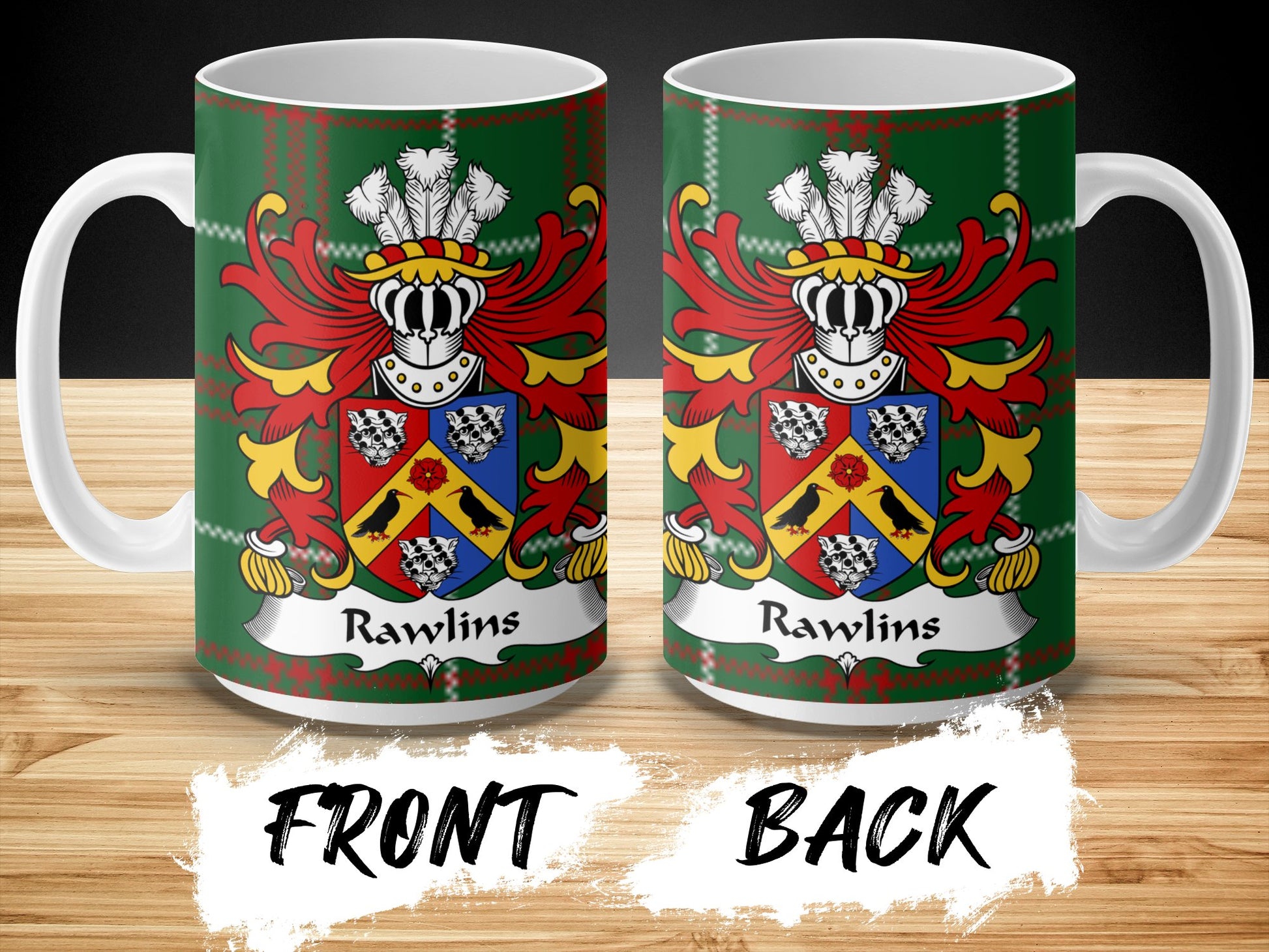 Rawlins Welsh Surname Coat of Arms on Tartan Background Mug - Living Stone Gifts