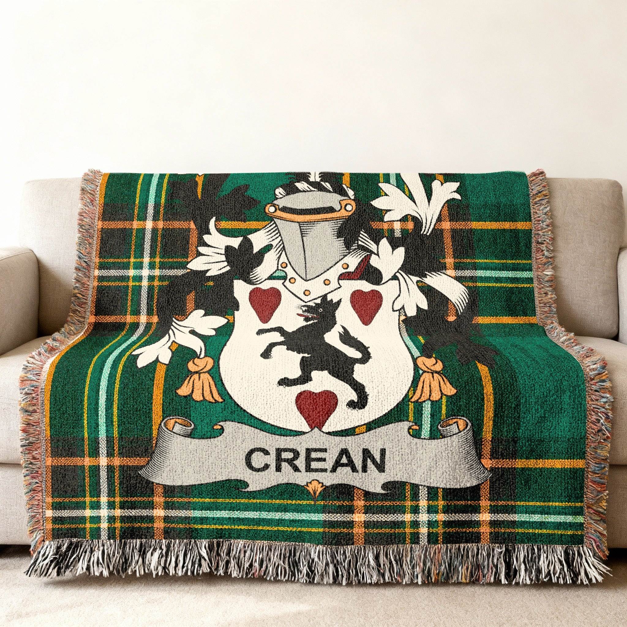 CREAN Family Crest Plaid Green Black Yellow Orange throw product type