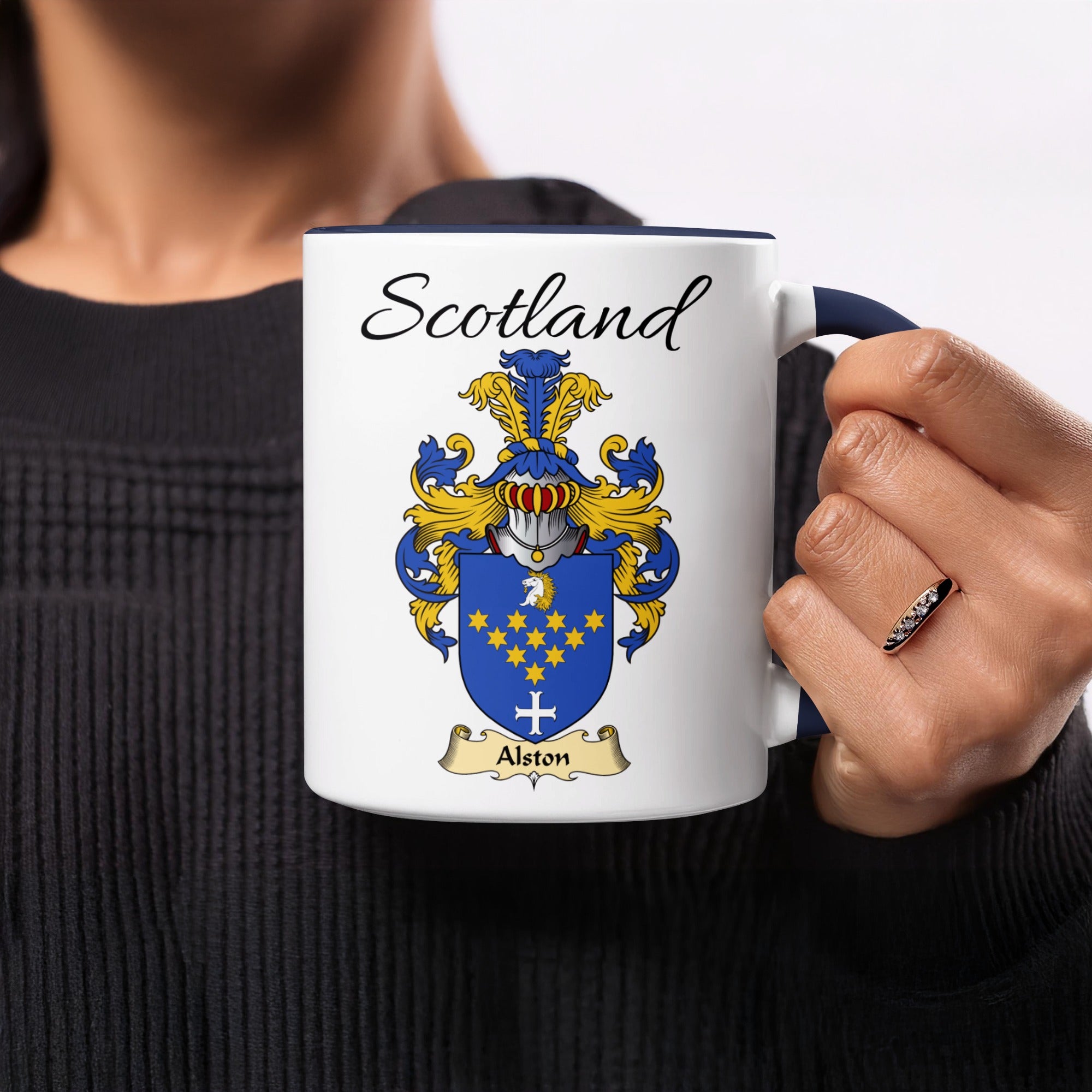 Red-accent Alston Scottish family crest mugs with Scotland above the heraldic shield