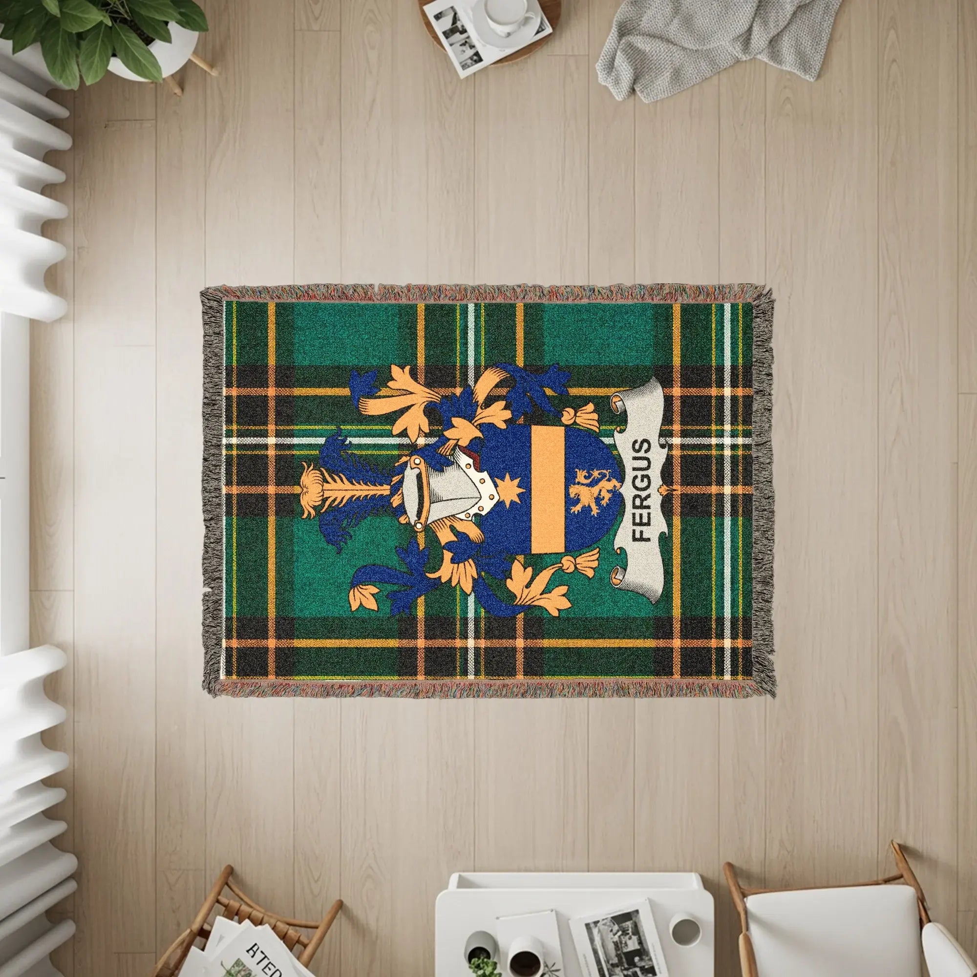 Fergus Family Crest Green Tartan Woven Blanket