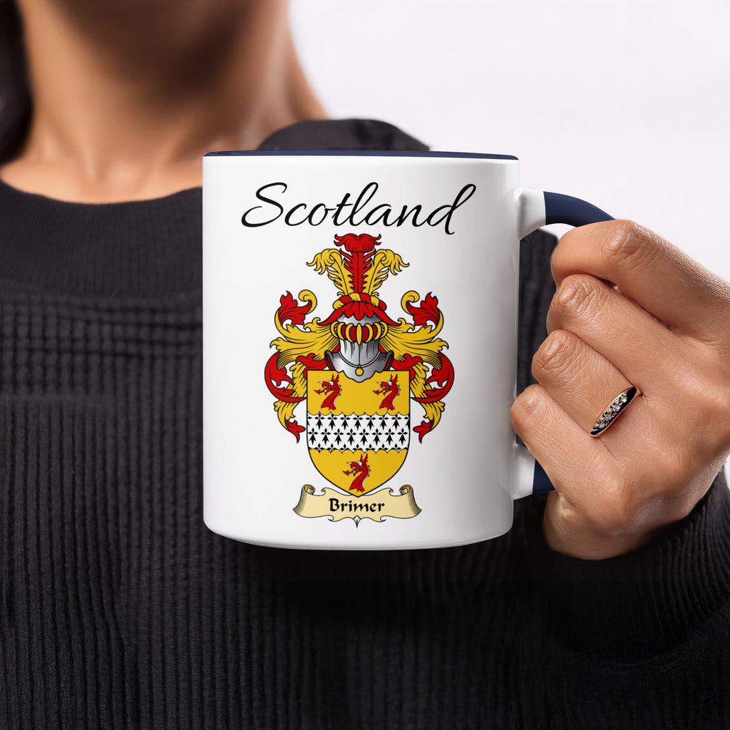 Red-accent Brimer Scottish family crest mugs with Scotland above the heraldic shield