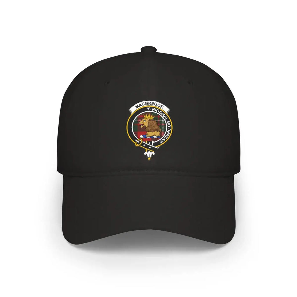 MacGregor clan crest emblem black cap — lion heraldic design on 100% cotton, adjustable strap