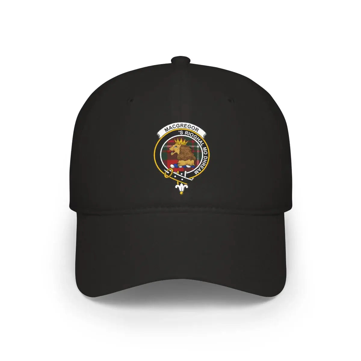 MacGregor clan crest emblem black cap — lion heraldic design on 100% cotton, adjustable strap