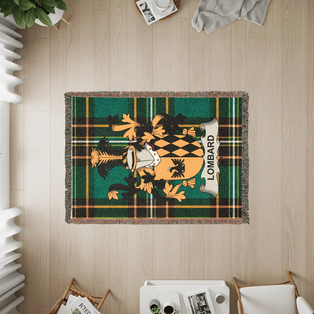 Lombard tartan blanket with coat of arms on a hardwood floor.