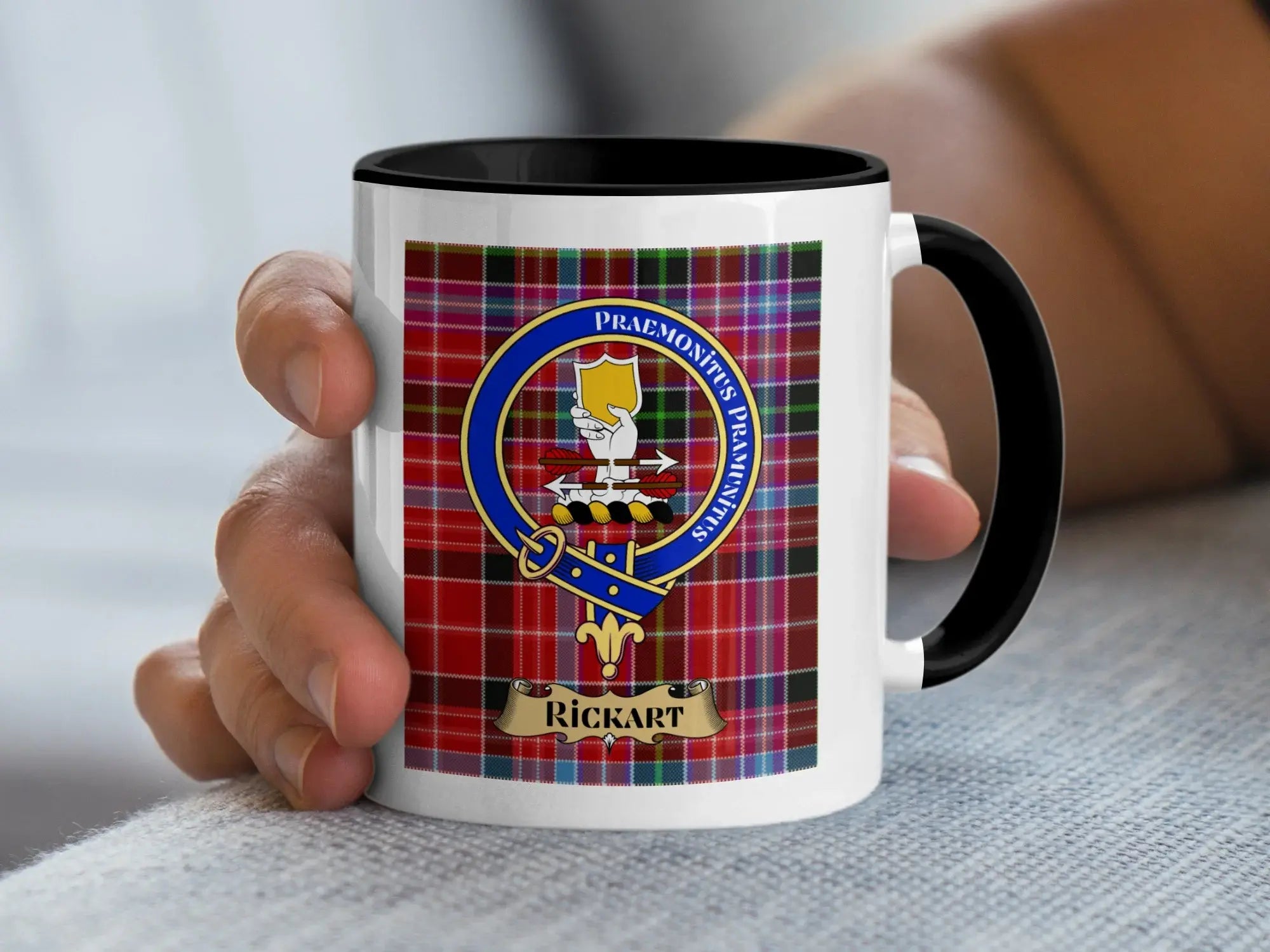 Rickart Clan Plaid Mug with Family Crest Design