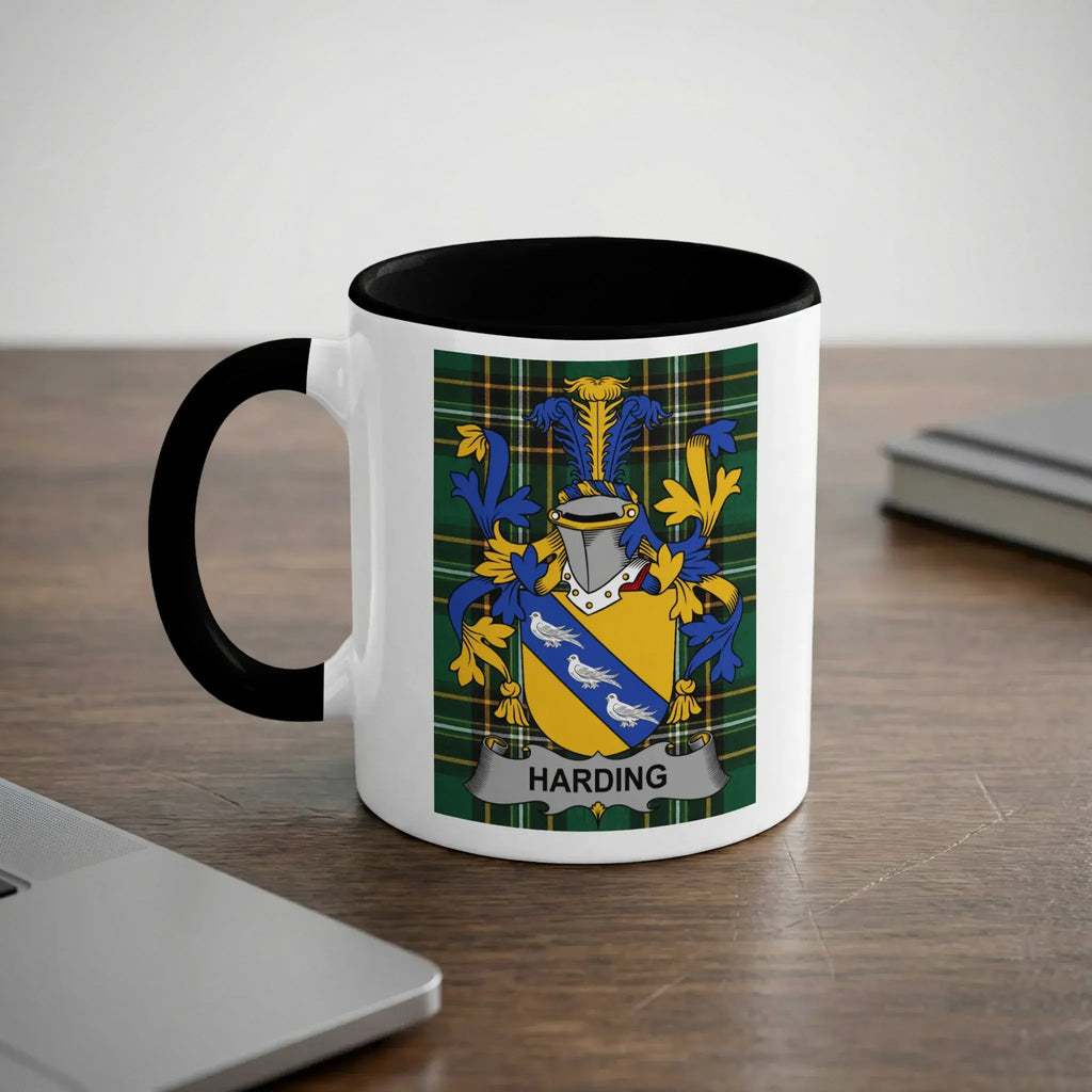 White mug with black handle and "HARDING" family crest on a checkered background.