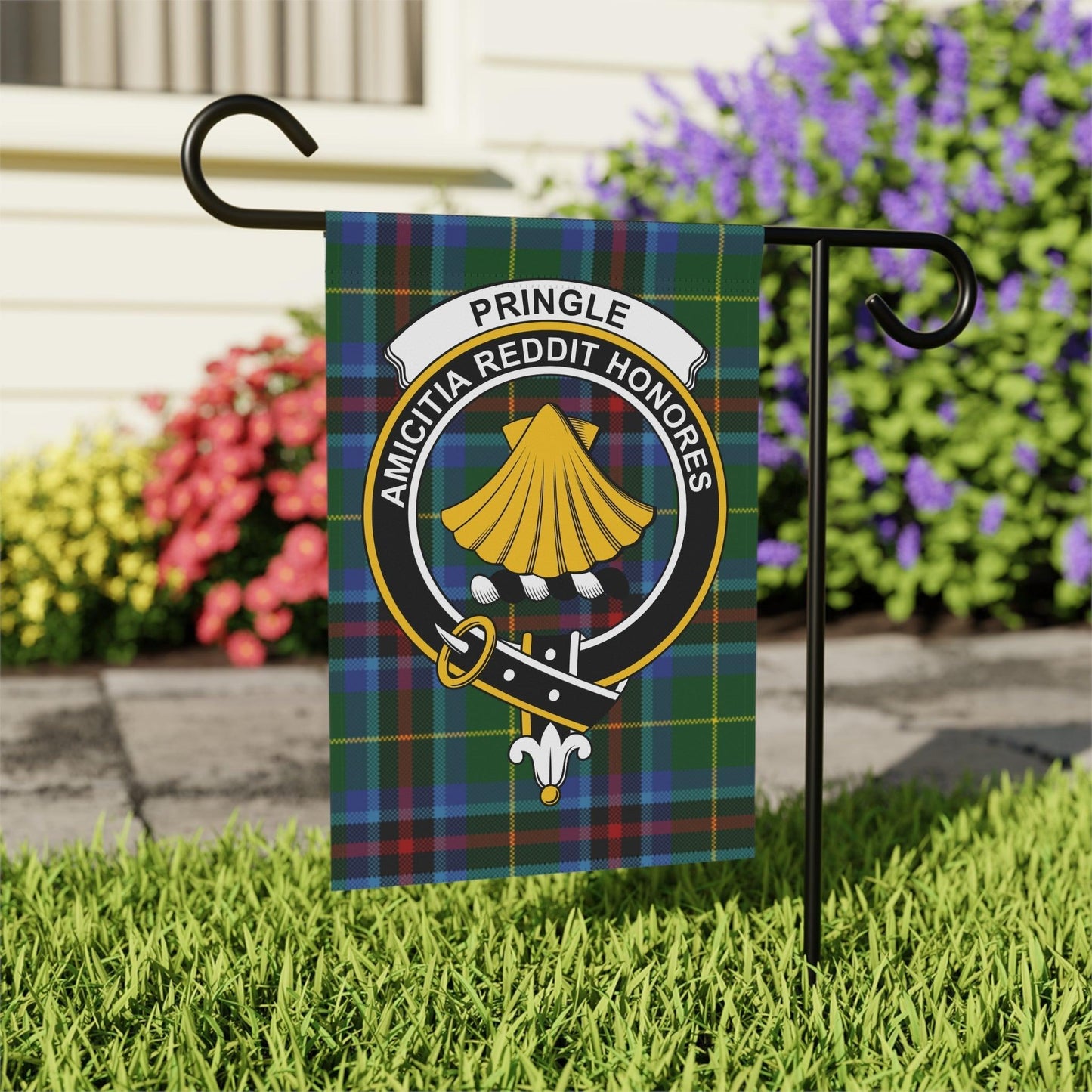 Pringle Clan Scottish Tartan Crest Garden Flag - Celtic Ancestry Gifts