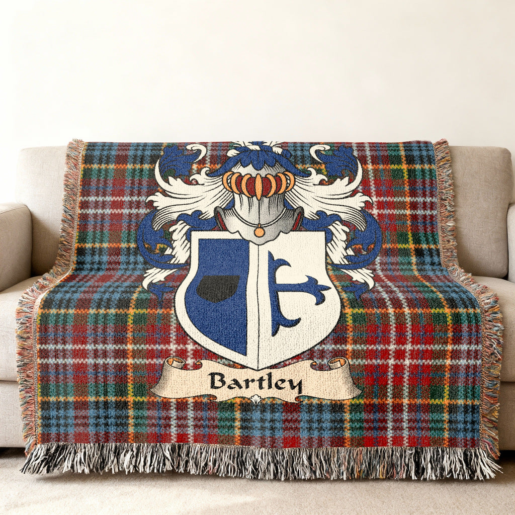 Bartley Scottish family shield woven blanket on a Caledonia tartan background