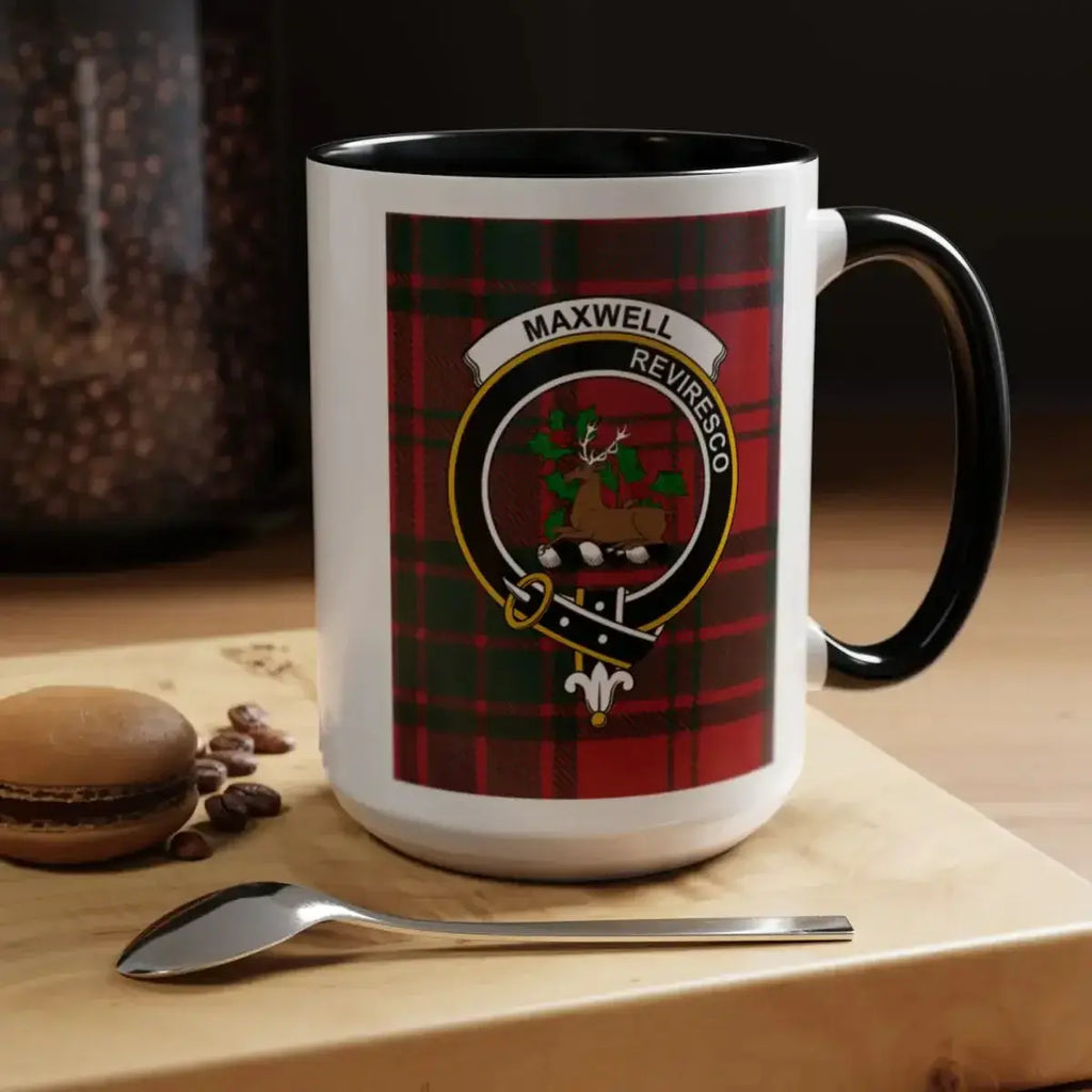 Maxwell clan crest mug with navy handle — 15oz ceramic showing Reviresco motto on tartan