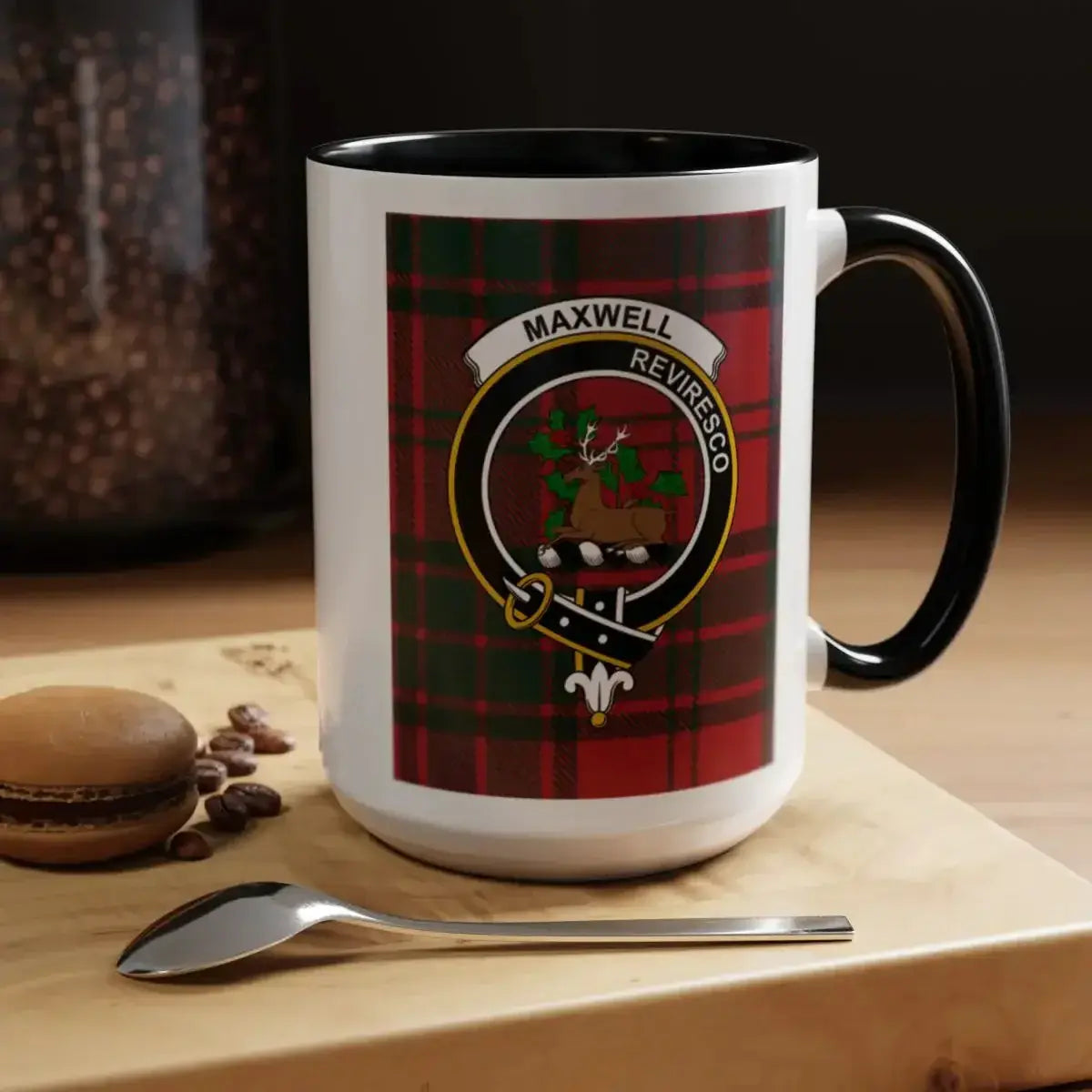 Maxwell clan crest mug with navy handle — 15oz ceramic showing Reviresco motto on tartan