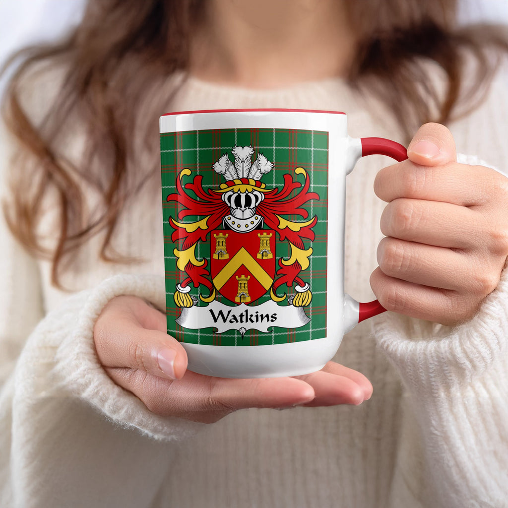 Watkins Welsh family name mug with red accent and coat of arms on tartan background