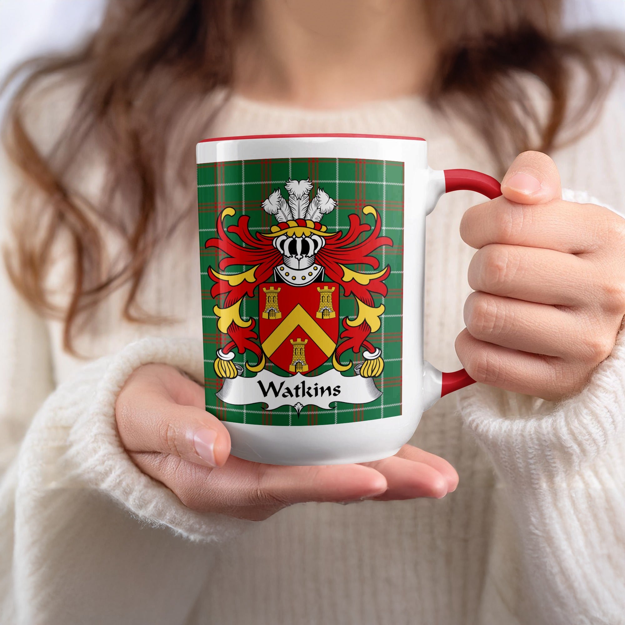 Watkins Welsh family name mug with red accent and coat of arms on tartan background
