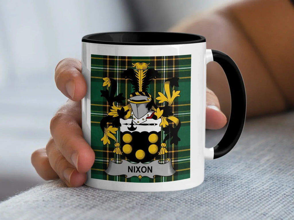 Nixon Irish Heritage Accent Mug with black handle and family crest