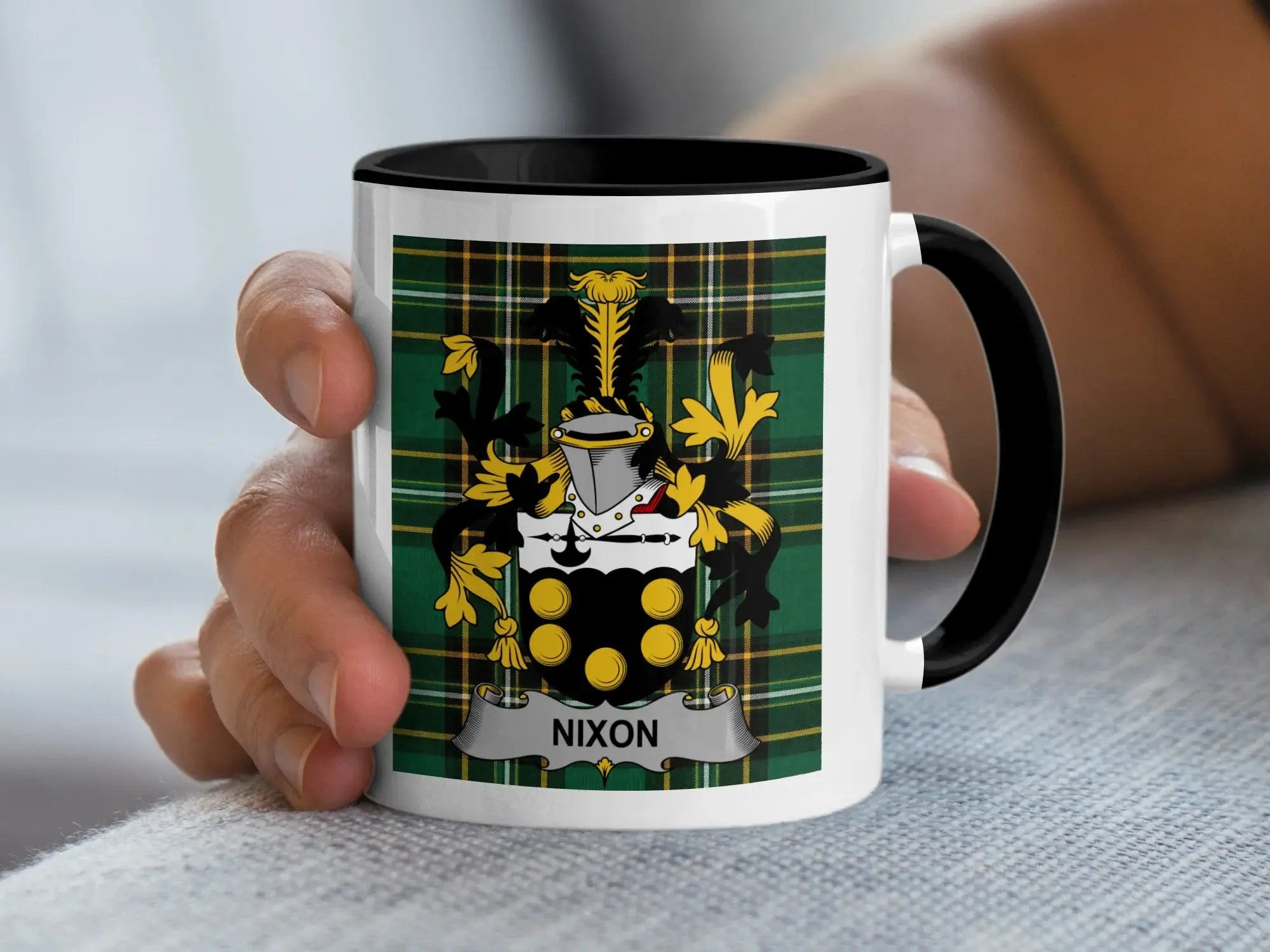 Nixon Irish Heritage Accent Mug with black handle and family crest