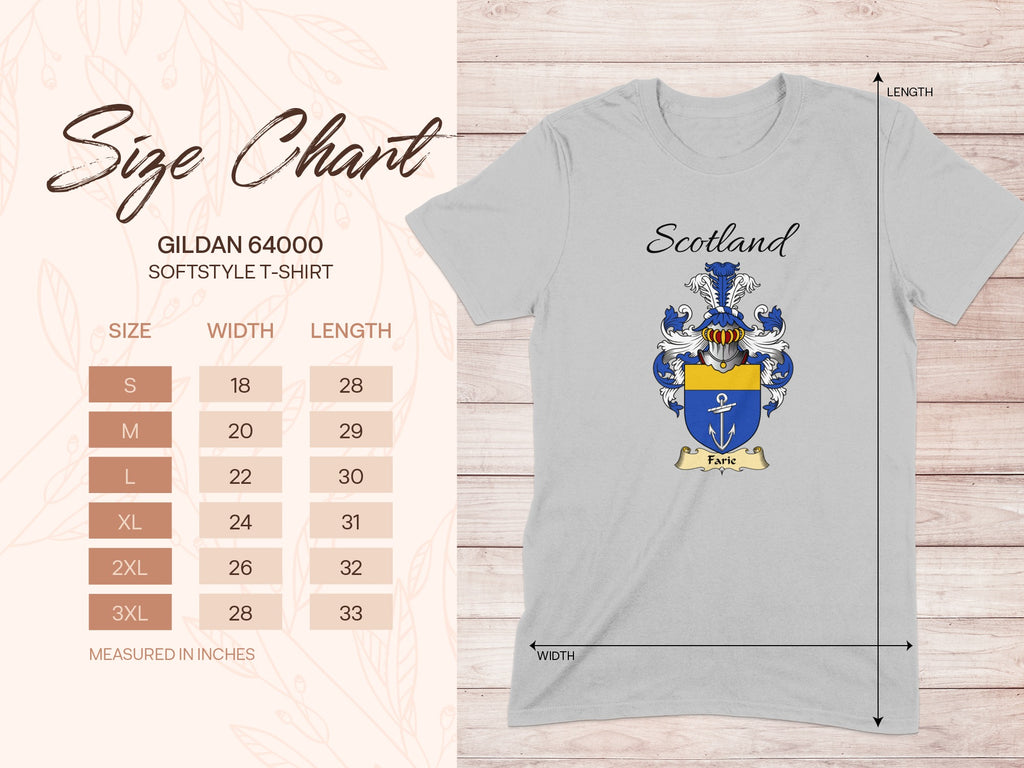 Gildan 64000 size chart for the Farie unisex T-shirt, sizes S to 3XL