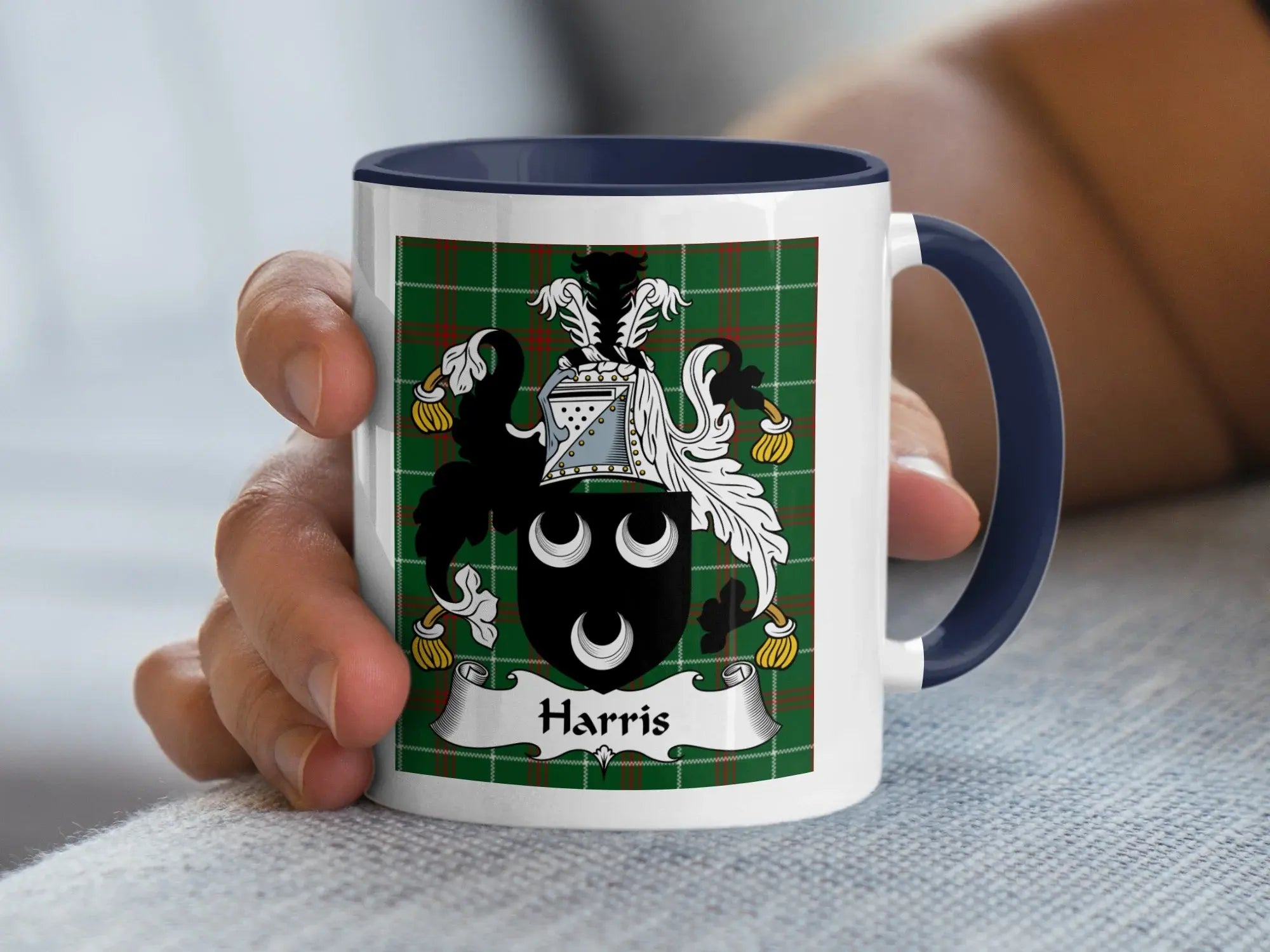 Harris Welsh family crest mug with navy accent and coat of arms on plaid