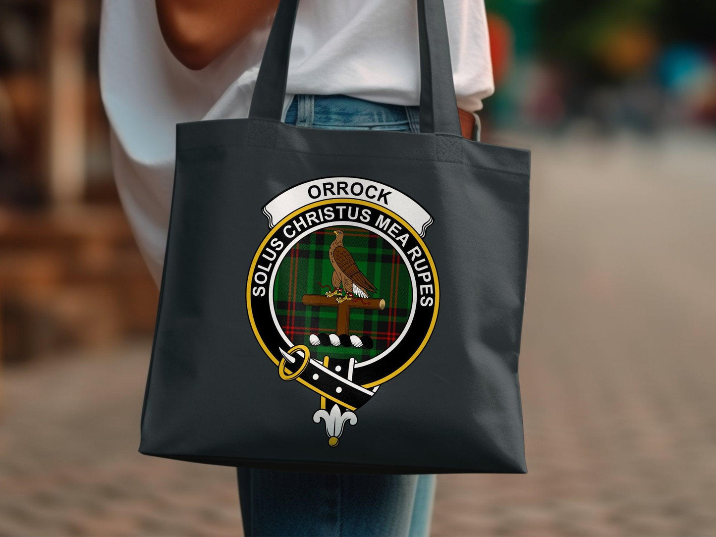 Orrock Clan Crest Solus Christus Mea Rupes Tote Bags - Celtic Ancestry Gifts