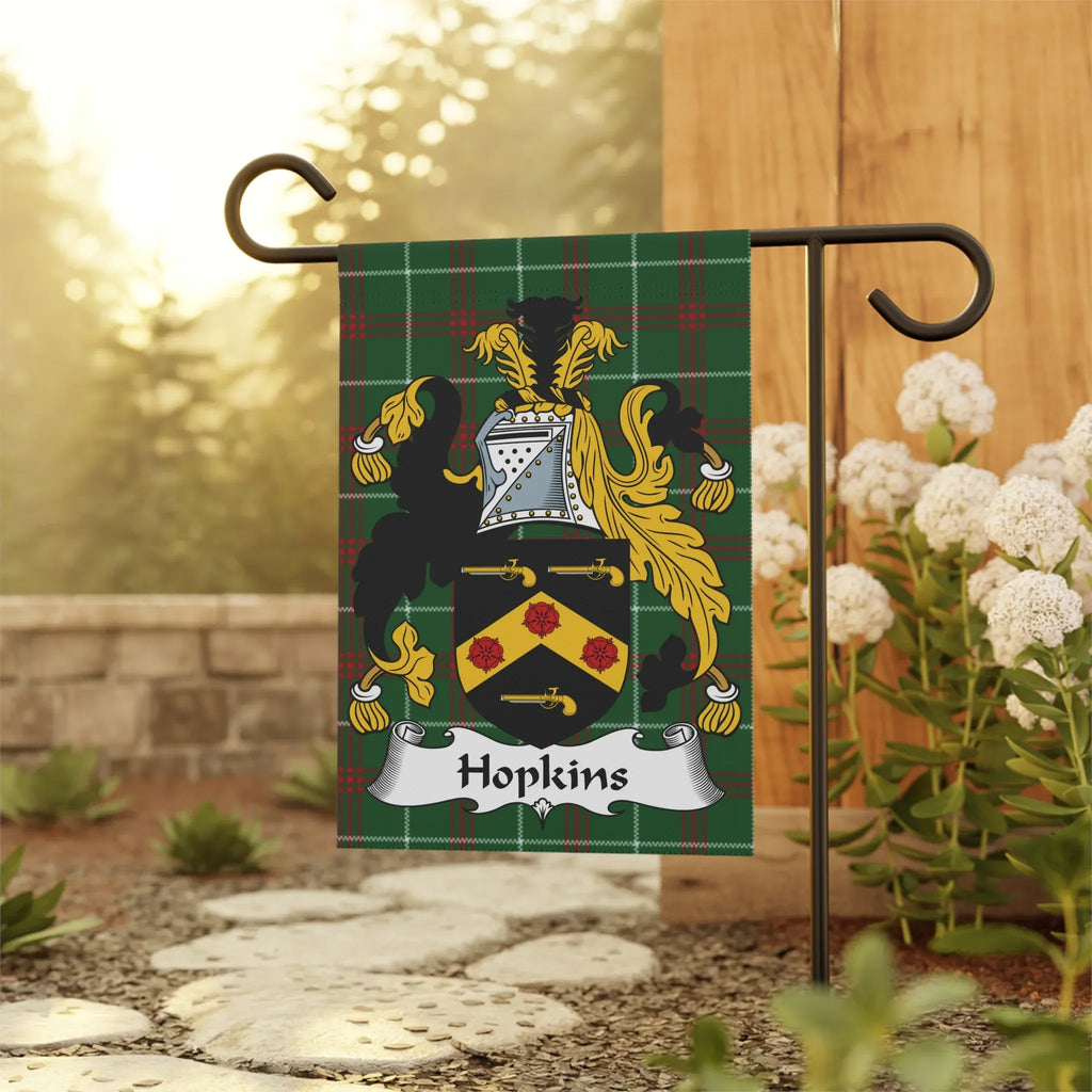 Green checkered garden flag featuring the Hopkins family crest with a gold shield.