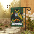 Green checkered garden flag featuring the Hopkins family crest with a gold shield.