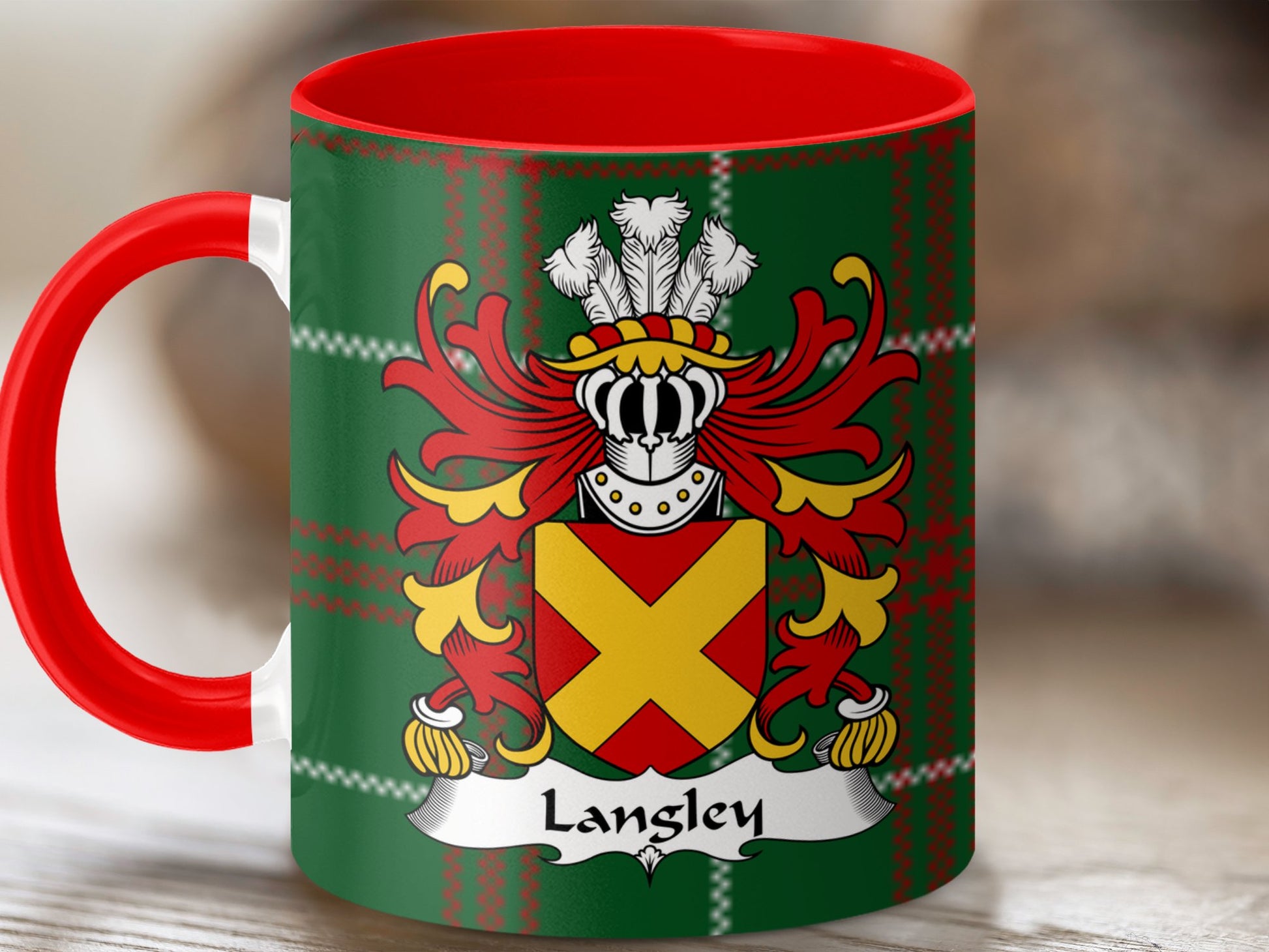 Langley Family Crest on Welsh Tartan Background Mug - Living Stone Gifts