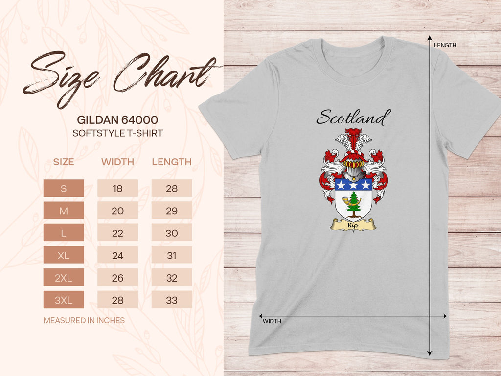 Gildan 64000 size chart for the Kyd unisex T-shirt, sizes S to 3XL