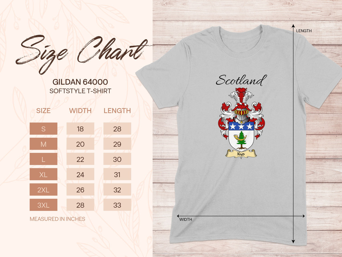 Gildan 64000 size chart for the Kyd unisex T-shirt, sizes S to 3XL