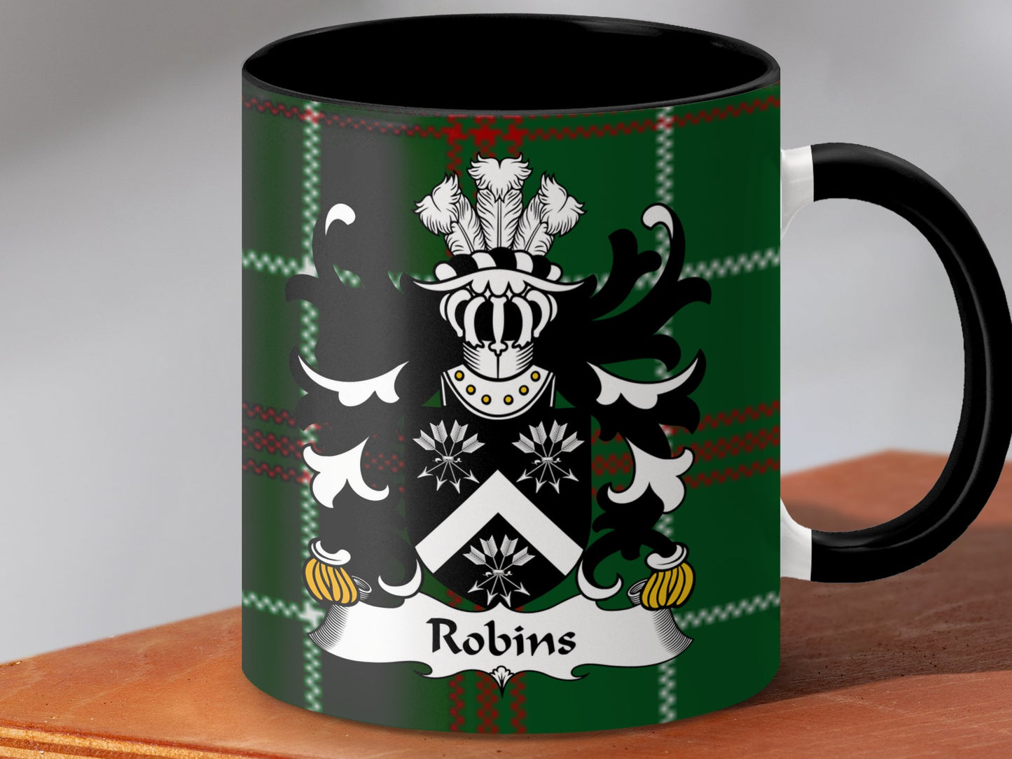 Robins Coat of Arms on Welsh Tartan Design Mug - Living Stone Gifts