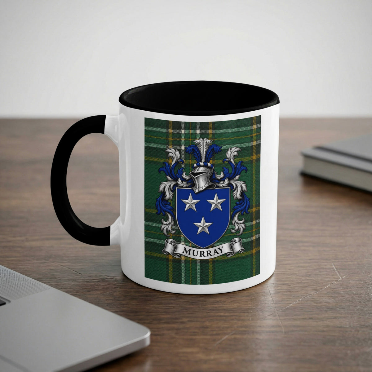 Murray Irish family crest 11 oz ceramic mug with black handle, rim and Irish National Tartan