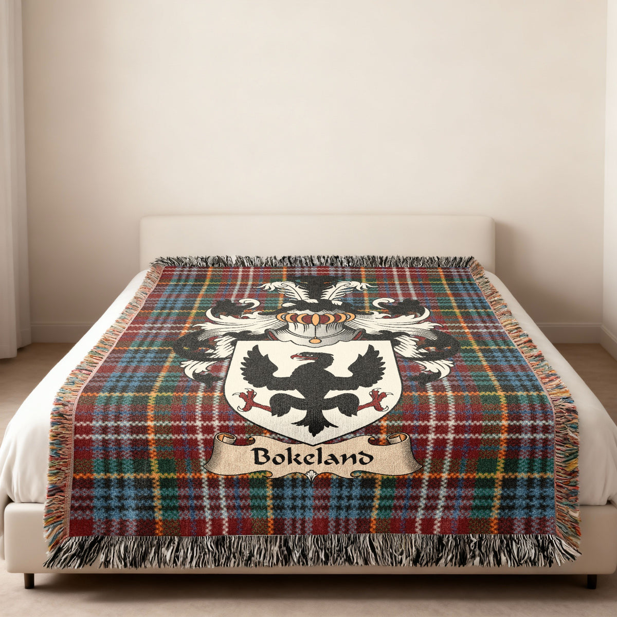 Bokeland Caledonia tartan heritage woven throw blanket with family shield