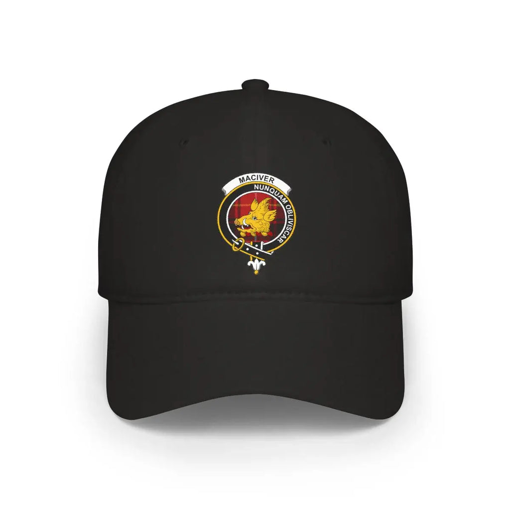 MacIver clan crest printed cap — Nunquam Obliviscar boar's head on low-profile cotton hat