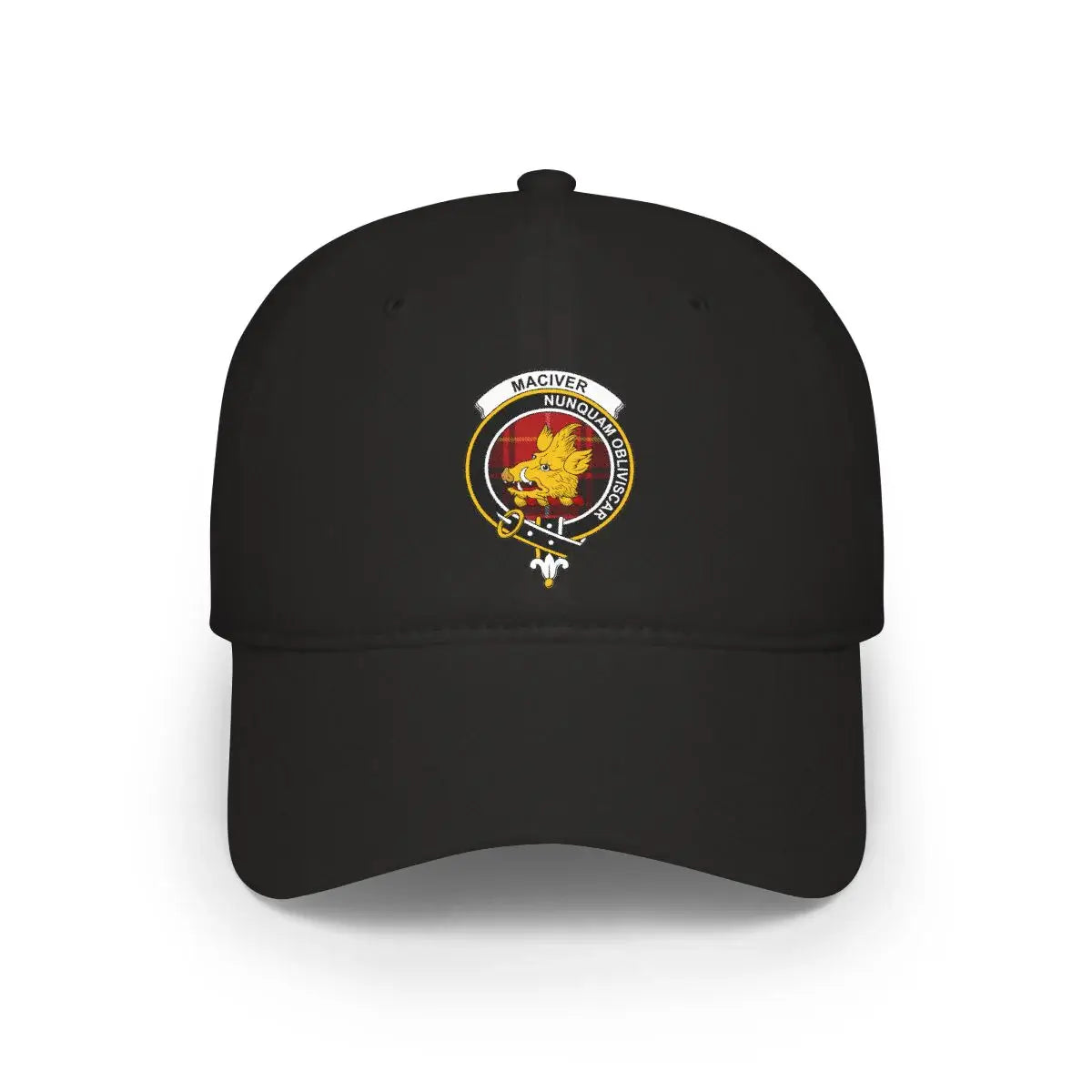 MacIver clan crest printed cap — Nunquam Obliviscar boar's head on low-profile cotton hat