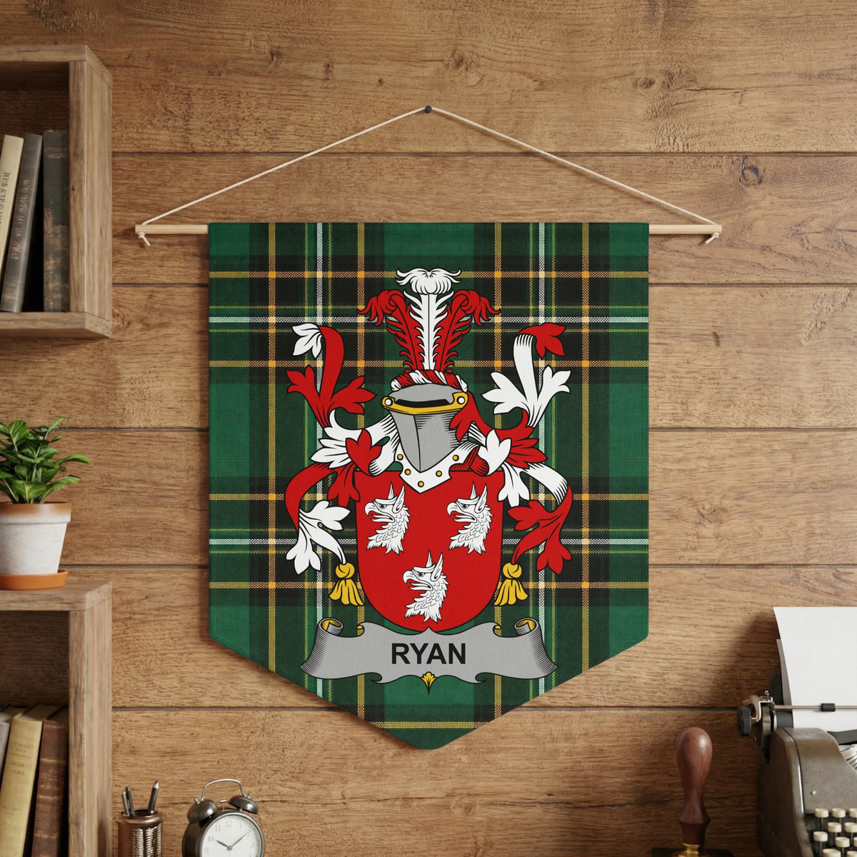 Ryan family crest on green plaid banner with heraldic shield and helmet.