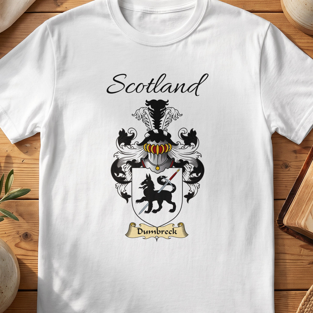 White Dumbreck Scottish family shield T-shirt featuring a black animal holding a spear on white