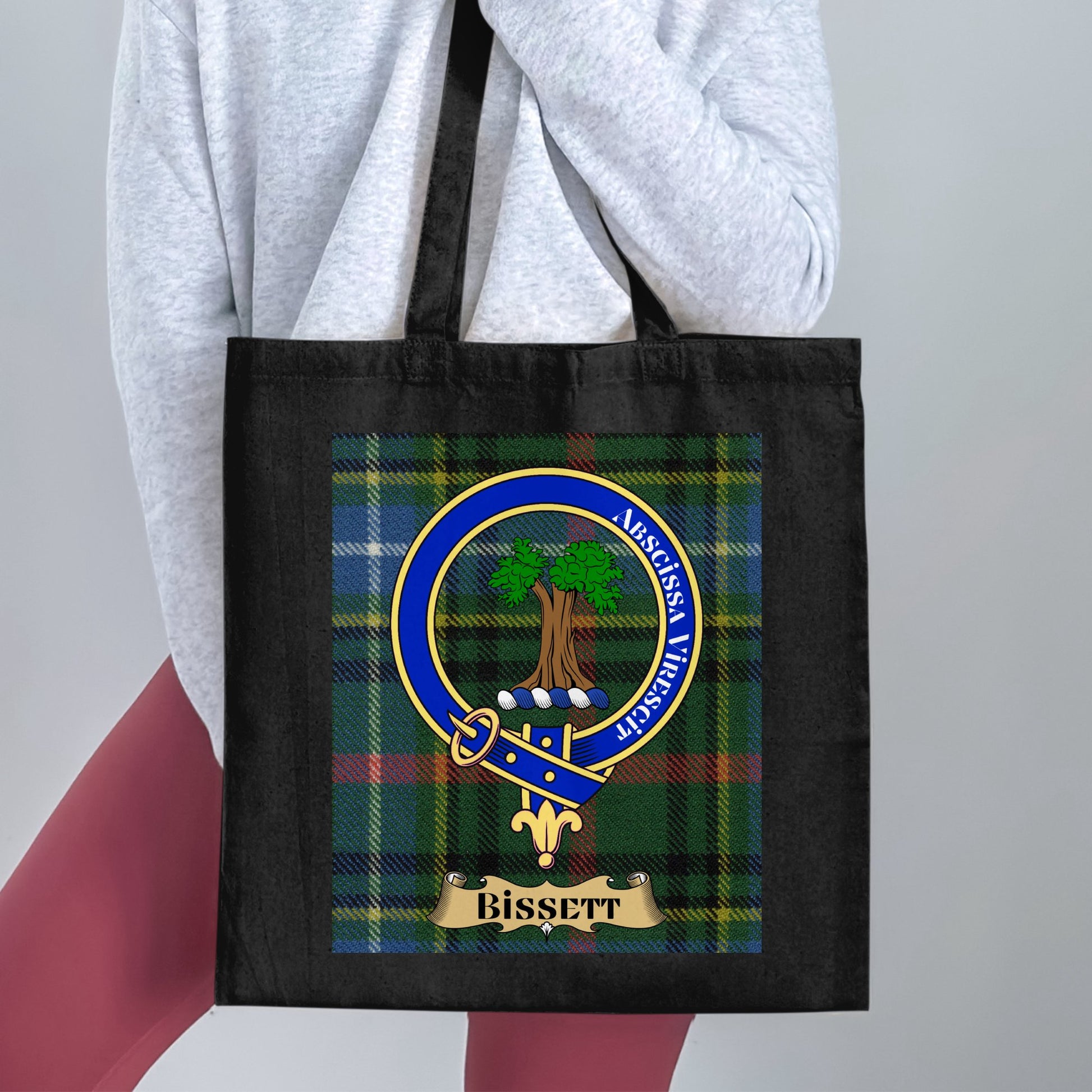 Bissett Clan Crest on Scottish Tartan Background Tote Bag - Living Stone Gifts