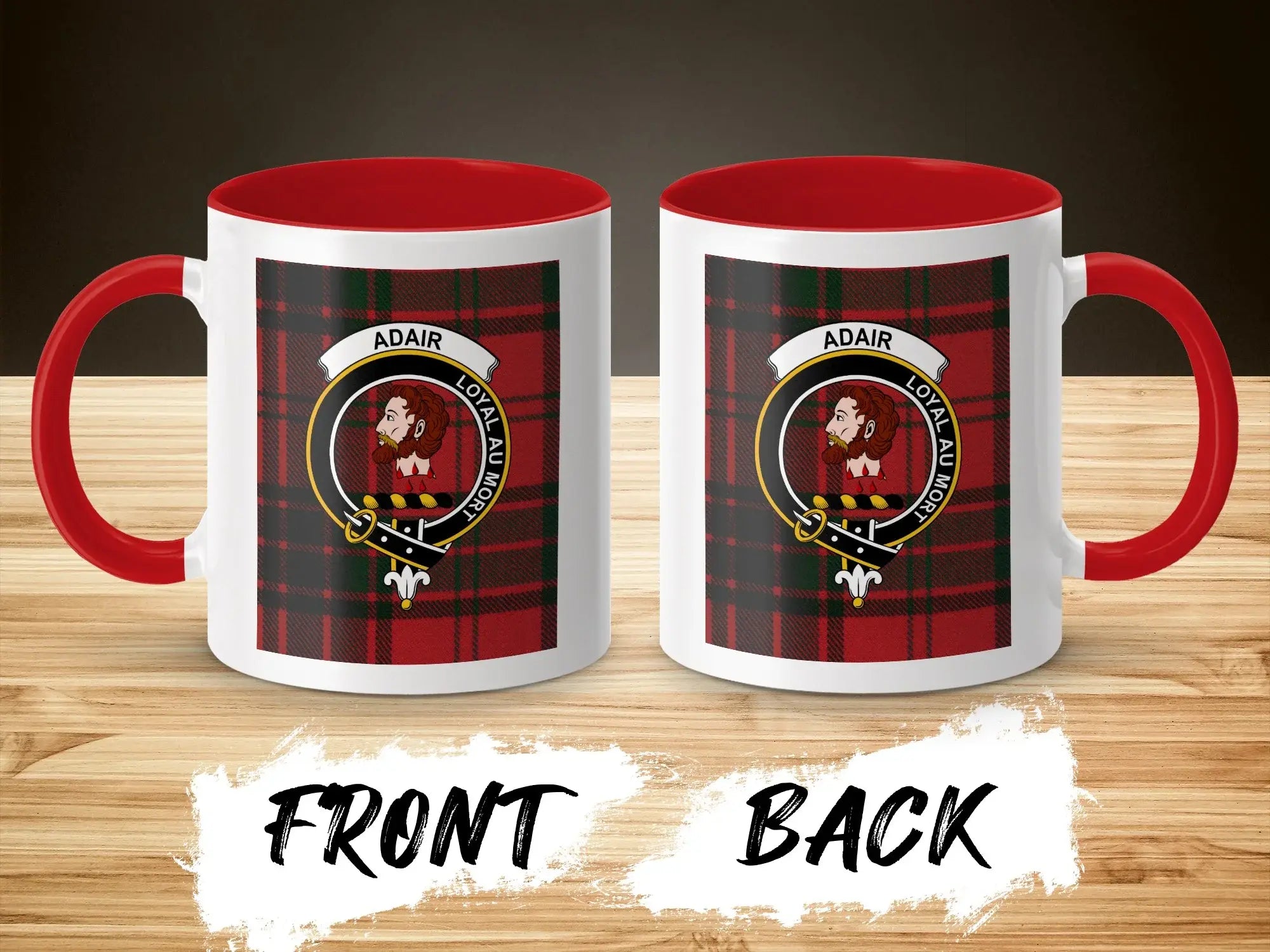 Adair Loyal au Mort plaid design ceramic mug — 11 oz with navy handle