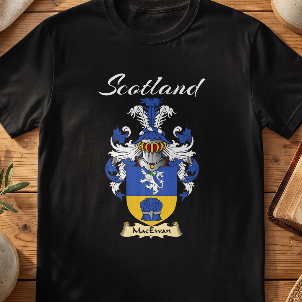 Black MacEwan Scottish T-shirt featuring a blue-and-gold shield with a white lion
