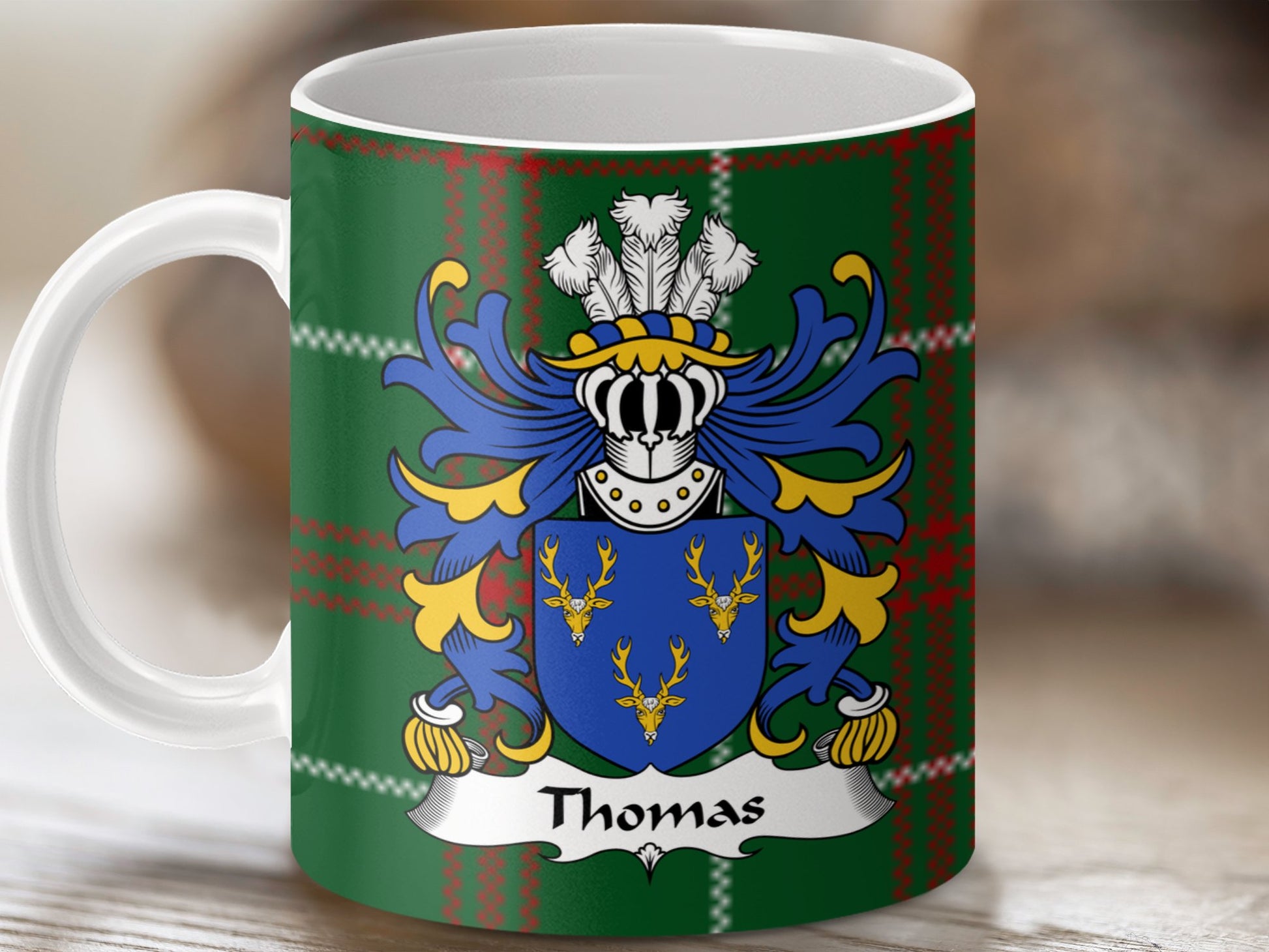 Thomas Coat of Arms on Welsh National Tartan Mug - Living Stone Gifts